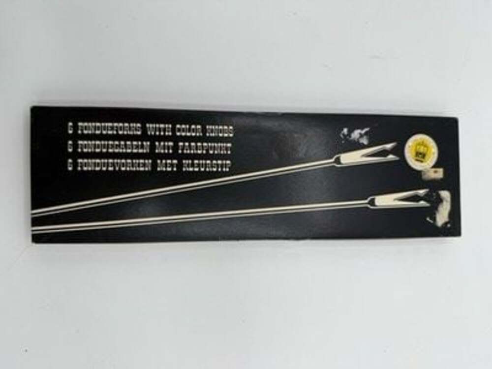 Set of 6 vintage 1960’s Fondue Forks with Color  Knobs Wood Stainless Steel